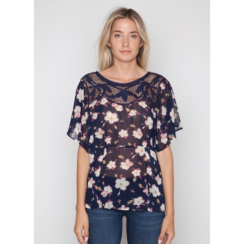 Meadow Rue Size Large Boho Peasant Blouse Blue Floral Fairy Vamp Lightweight